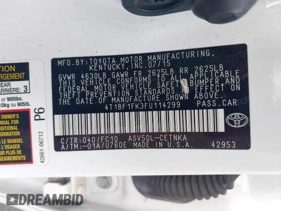 2015 Toyota Camry XLE with VIN 4T1BF1FK3FU114299, listed as a IAAI auction lot 42024946 with 152,972 mi miles. Bid and sale history available at carsss.com. Image 9.