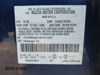 2009 Mazda 6 S Grand Touring with VIN 1YVHP82BX95M21357, listed as a IAAI auction lot 42013043 with 119,701 mi miles and . Bid and sale history available at DreamBid. Image 9.