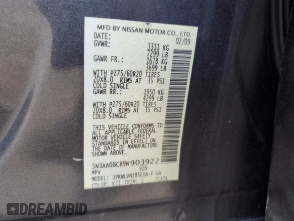 2009 Infiniti QX56 with VIN 5N3AA08C89N903922, listed as a Copart auction lot 50193735 with 128,495 mi miles and Non Repairable. Bid and sale history available at DreamBid. Image 13.