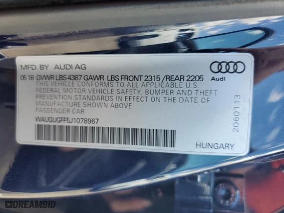 2018 Audi A3 Sedan Premium Plus with VIN WAUGUGFF5J1078967, listed as a Copart auction lot 44217373 with NaN miles. Bid and sale history available at carsss.com. Image 13.