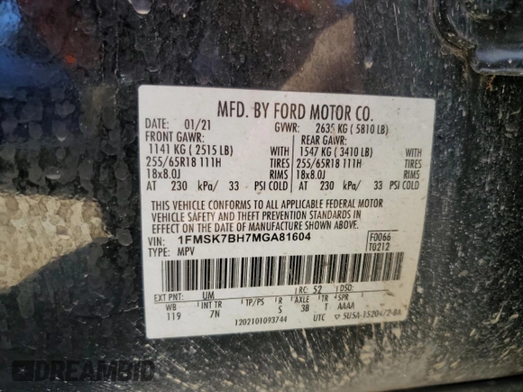 2021 Ford Explorer z VIN 1FMSK7BH7MGA81604, wystawiony jako Copart lot #52243295 z przebiegiem 67 490 mil mil oraz Czysty tytuł • Clean title. Historia ofert i sprzedaży dostępna na DreamBid. Obrazek 13.