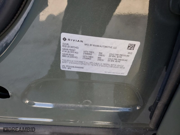 2022 Rivian R1S Launch Edition with VIN 7PDSGABL6NN000590, listed as a Copart auction lot 61510904 with 0 mi miles and Salvage Title. Bid and sale history available at carsss.com. Image 14.