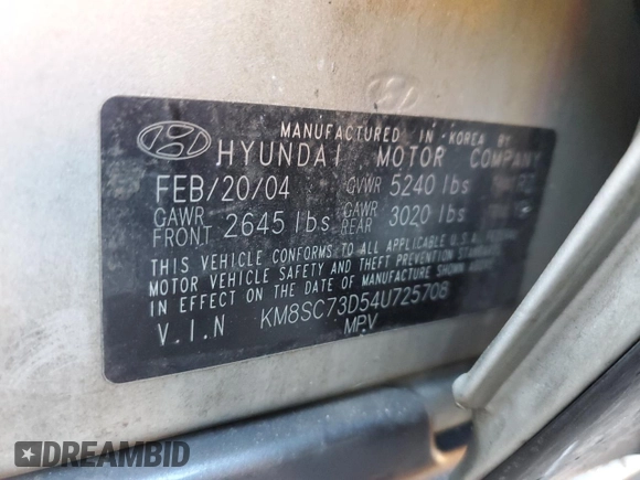 2004 Hyundai Santa Fe GLS with VIN KM8SC73D54U725708, listed as a Copart auction lot 46287865 with 56,032 mi miles and Clean Title. Bid and sale history available at carsss.com. Image 13.