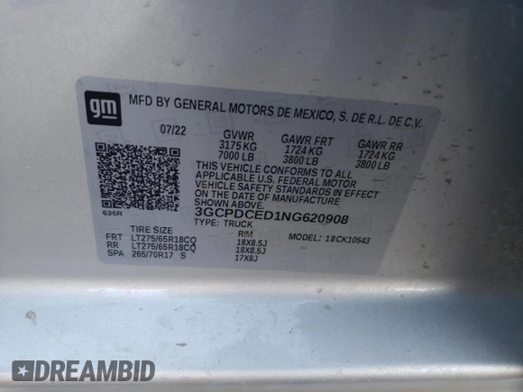 2022 Chevrolet Silverado 1500 Custom Trail Boss with VIN 3GCPDCED1NG620908, listed as a Copart auction lot 74954494 with 76,529 mi miles and Salvage Title. Bid and sale history available at DreamBid. Image 12.