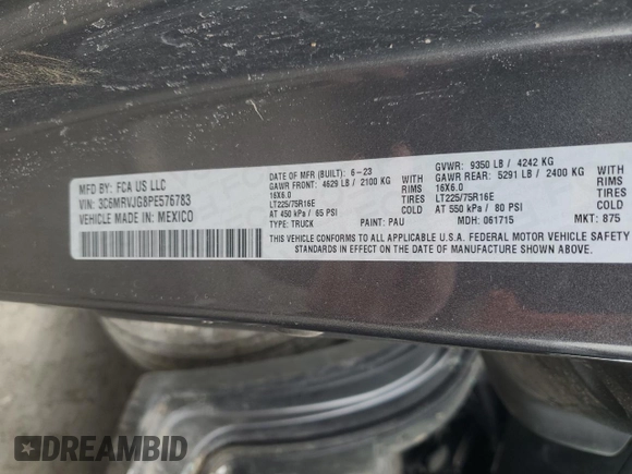 2023 Ram ProMaster Cargo with VIN 3C6MRVJG8PE576783, listed as a Copart auction lot 47352655 with 47,162 mi miles and Salvage Title. Bid and sale history available at DreamBid. Image 12.