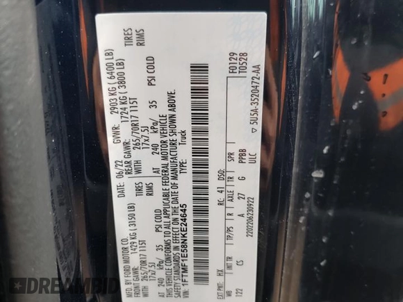 2022 Ford F-150 XL with VIN 1FTMF1E58NKE24645, listed as a Copart auction lot 42051515 with 43,429 mi miles and Salvage Title. Bid and sale history available at DreamBid. Image 12.
