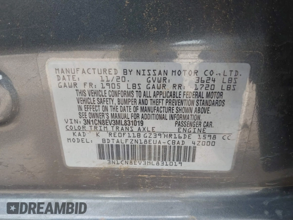 2021 Nissan Versa SV with VIN 3N1CN8EV3ML831019, listed as a IAAI auction lot 42338863 with 75,219 mi miles and . Bid and sale history available at DreamBid. Image 9.