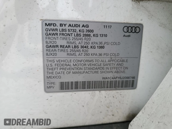 2018 Audi SQ5 Prestige with VIN WA1C4AFY6J2098746, listed as a Copart auction lot 56747805 with 47,566 mi miles and Salvage title. Bid and sale history available at DreamBid. Image 12.