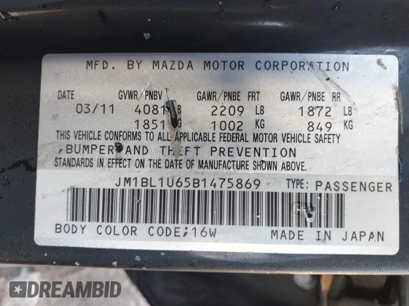 2011 Mazda Mazda3 s Sport with VIN JM1BL1U65B1475869, listed as a IAAI auction lot 41665008 with 59,300 mi miles. Bid and sale history available at carsss.com. Image 9.