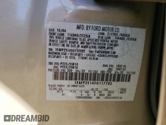 2005 Ford Five Hundred Limited with VIN 1FAFP25145G117782, listed as a Copart auction lot 79907674 with 182,494 mi miles and Salvage Title. Bid and sale history available at carsss.com. Image 12.