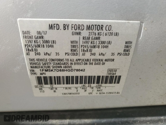 2017 Ford Explorer XLT with VIN 1FM5K7D88HGD78042, listed as a Copart auction lot 48371795 with 134,202 mi miles and Salvage Title. Bid and sale history available at carsss.com. Image 14.