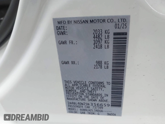 2025 Nissan Altima SV with VIN 1N4BL4DW2SN356659, listed as a IAAI auction lot 41644273 with 1,790 mi miles and . Bid and sale history available at DreamBid. Image 9.