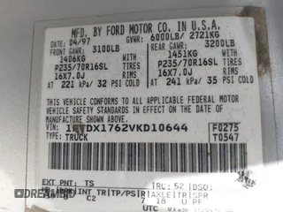 1997 Ford F-150 with VIN 1FTDX1762VKD10644, listed as a IAAI auction lot 42405458 with 215,835 mi miles and . Bid and sale history available at DreamBid. Image 9.