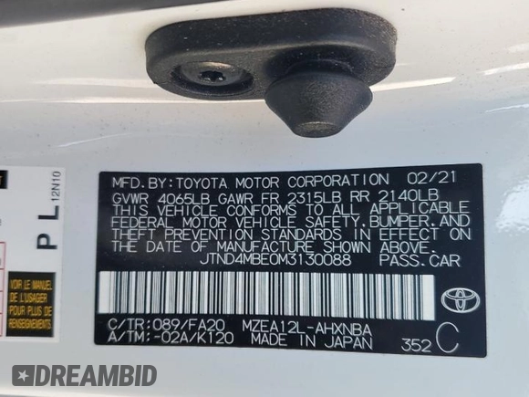 2021 Toyota Corolla Hatchback SE with VIN JTND4MBE0M3130088, listed as a Copart auction lot 71381584 with 37,279 mi miles and Salvage Title. Bid and sale history available at carsss.com. Image 12.