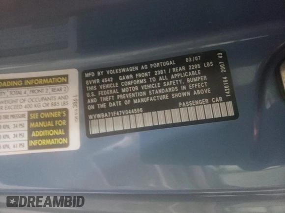 2007 Volkswagen Eos 2.0T with VIN WVWBA71F47V044596, listed as a Copart auction lot 48430555 with 88,401 mi miles and Salvage Title. Bid and sale history available at DreamBid. Image 12.