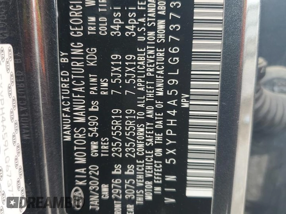 2020 Kia Sorento EX with VIN 5XYPH4A59LG673733, listed as a Copart auction lot 60308045 with 69,458 mi miles and Salvage title. Bid and sale history available at DreamBid. Image 14.
