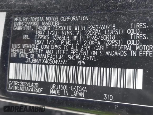 2012 Lexus GX 460 with VIN JTJBM7FX4C5049393, listed as a IAAI auction lot 41315568 with 148,010 mi miles. Bid and sale history available at carsss.com. Image 9.