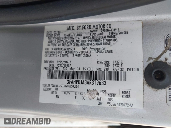 2010 Ford Fusion SEL with VIN 3FAHP0JA3AR319633, listed as a IAAI auction lot 42054868 with 126,153 mi miles and . Bid and sale history available at DreamBid. Image 9.