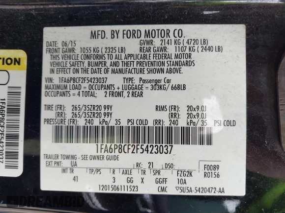 2015 Ford Mustang GT with VIN 1FA6P8CF2F5423037, listed as a IAAI auction lot 42370882 with 149,794 mi miles and . Bid and sale history available at DreamBid. Image 9.