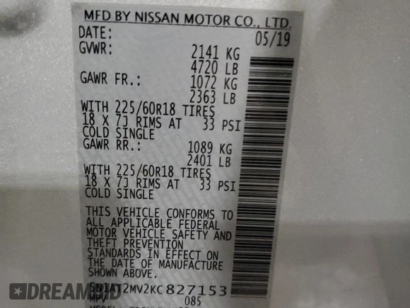 2019 Nissan Rogue SL with VIN 5N1AT2MV2KC827153, listed as a Copart auction lot 52805195 with 67,101 mi miles and Salvage Title. Bid and sale history available at carsss.com. Image 14.