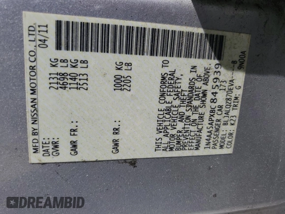 2011 Nissan Maxima SV with VIN 1N4AA5APXBC845939, listed as a Copart auction lot 56726805 with 135,422 mi miles and Clean title. Bid and sale history available at DreamBid. Image 12.
