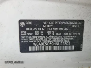 2017 BMW 3 Series 320i xDrive with VIN WBA8E5G59HNU22301, listed as a Copart auction lot 56942365 with 118,041 mi miles and Salvage title. Bid and sale history available at DreamBid. Image 12.