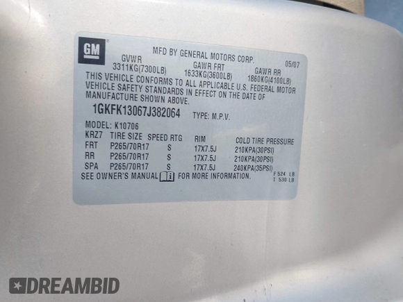 2007 GMC Yukon SLT with VIN 1GKFK13067J382064, listed as a IAAI auction lot 41371965 with 260,205 mi miles. Bid and sale history available at carsss.com. Image 9.