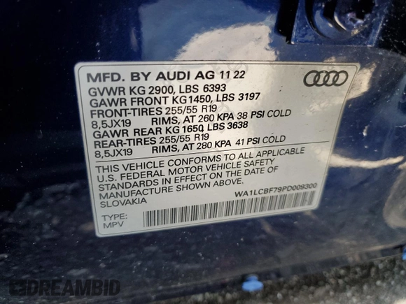 2023 Audi Q7 Premium Plus with VIN WA1LCBF79PD009300, listed as a Copart auction lot 59092955 with Not provided miles and Salvage title. Bid and sale history available at DreamBid. Image 14.