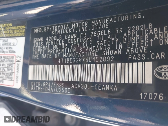 2006 Toyota Camry STD with VIN 4T1BE32KX6U152892, listed as a IAAI auction lot 42312761 with 258,763 mi miles and . Bid and sale history available at DreamBid. Image 9.
