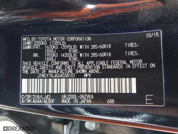 2016 Toyota Land Cruiser with VIN JTMCY7AJ6G4038101, listed as a IAAI auction lot 41613369 with 151,593 mi miles. Bid and sale history available at carsss.com. Image 9.
