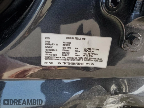 2024 Tesla Model Y Long Range with VIN 7SAYGDEE8RF089456, listed as a Copart auction lot 85521934 with 13,837 mi miles and Salvage title. Bid and sale history available at DreamBid. Image 15.