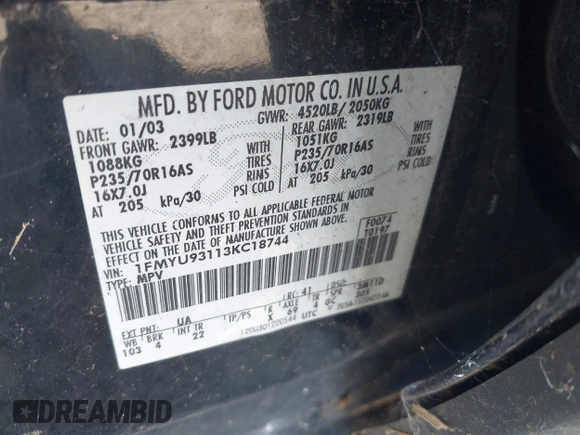 2003 Ford Escape XLT Popular 2 with VIN 1FMYU93113KC18744, listed as a IAAI auction lot 42027721 with 234,338 mi miles and . Bid and sale history available at DreamBid. Image 9.