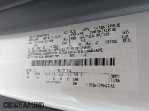 2021 Ford Transit Cargo z VIN 1FTBF4X81MKA80705, wystawiony jako IAAI lot #41929575 z przebiegiem Nie podano mil oraz . Historia ofert i sprzedaży dostępna na DreamBid. Obrazek 9.