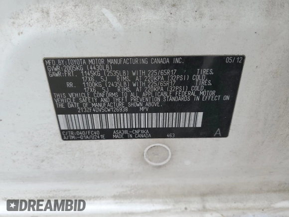 2012 Toyota RAV4 with VIN 2T3ZF4DV5CW126938, listed as a Copart auction lot 52329305 with 77,490 mi miles and Salvage Title. Bid and sale history available at carsss.com. Image 13.