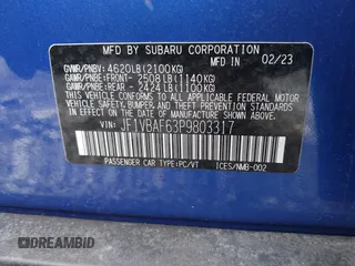 2023 Subaru WRX Premium with VIN JF1VBAF63P9803317, listed as a IAAI auction lot 41922552 with 21,952 mi miles and . Bid and sale history available at DreamBid. Image 9.