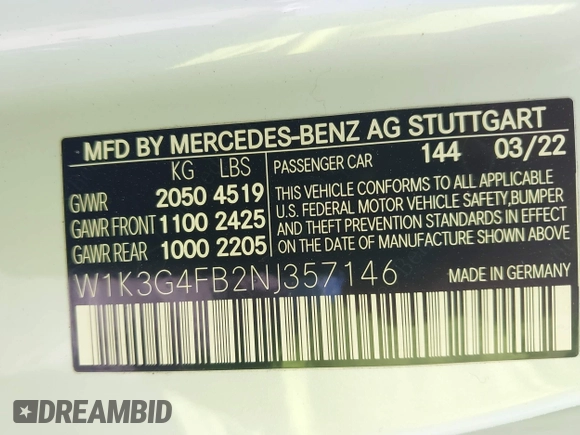 2022 Mercedes-Benz A 220 with VIN W1K3G4FB2NJ357146, listed as a IAAI auction lot 42049086 with 42,832 mi miles and . Bid and sale history available at DreamBid. Image 9.
