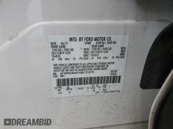 2017 Ford Edge Titanium with VIN 2FMPK4K87HBC31275, listed as a Copart auction lot 44684055 with 83,430 mi miles and Salvage Title. Bid and sale history available at carsss.com. Image 14.