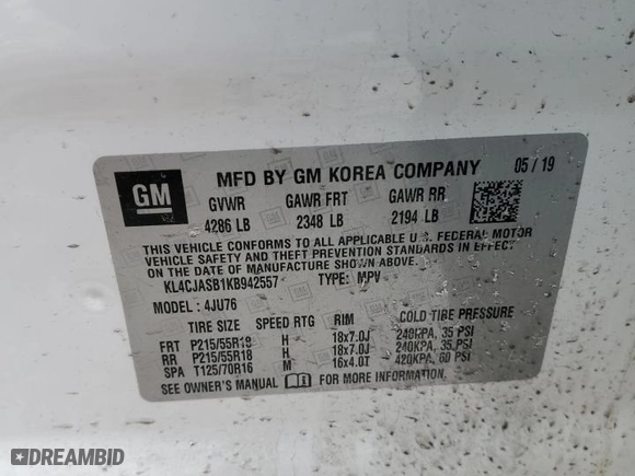 2019 Buick Encore Preferred with VIN KL4CJASB1KB942557, listed as a Copart auction lot 46124845 with 0 mi miles and Salvage Title. Bid and sale history available at carsss.com. Image 16.