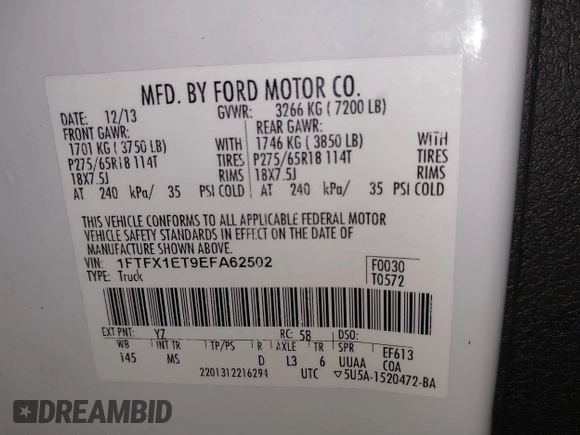 2014 Ford F-150 XL with VIN 1FTFX1ET9EFA62502, listed as a IAAI auction lot 41575300 with 123,698 mi miles and . Bid and sale history available at DreamBid. Image 9.