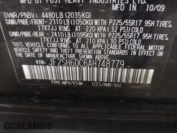2010 Subaru Forester X Limited with VIN JF2SH6DC6AH748779, listed as a IAAI auction lot 41896498 with 158,219 mi miles and . Bid and sale history available at DreamBid. Image 9.