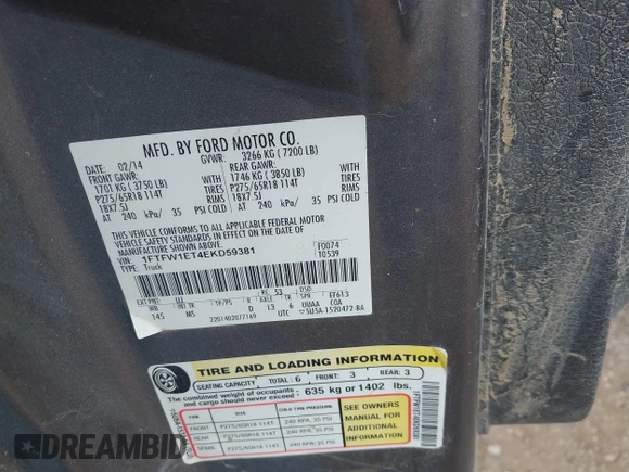 2014 Ford F-150 XL with VIN 1FTFW1ET4EKD59381, listed as a IAAI auction lot 42363671 with 303,429 mi miles and . Bid and sale history available at DreamBid. Image 9.