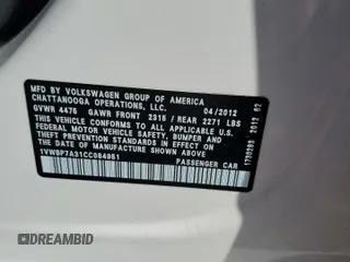 2012 Volkswagen Passat SE с VIN 1VWBP7A31CC084951, выставлен на аукционе Copart как лот 55726145 с пробегом 98 654 миль миль и Списание • Salvage title. История ставок и продаж доступна на DreamBid. Изображение 12.