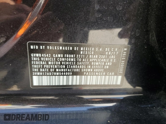 2017 Volkswagen Golf S с VIN 3VWH17AU7HM544009, выставлен на аукционе Copart как лот 59545755 с пробегом 52 371 миль миль и Списание • Salvage title. История ставок и продаж доступна на DreamBid. Изображение 13.