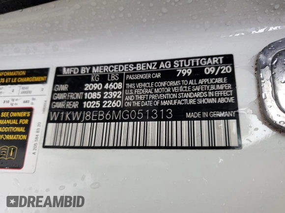 2021 Mercedes-Benz C 300 with VIN W1KWJ8EB6MG051313, listed as a Copart auction lot 52004095 with 57,684 mi miles and Salvage title. Bid and sale history available at DreamBid. Image 14.