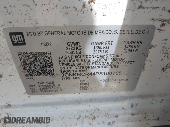 2023 Chevrolet Blazer LT with VIN 3GNKBCR44PS100705, listed as a IAAI auction lot 42070510 with Not provided miles and . Bid and sale history available at DreamBid. Image 9.