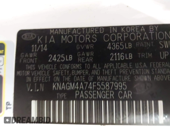 2015 Kia Optima LX with VIN KNAGM4A74F5587995, listed as a IAAI auction lot 41974745 with 206,627 mi miles. Bid and sale history available at carsss.com. Image 9.
