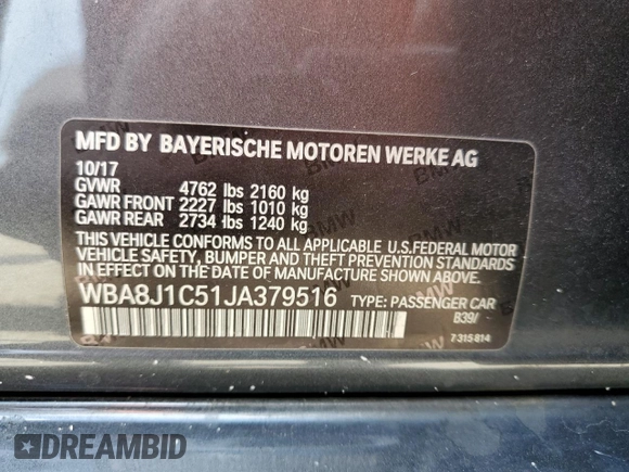 2018 BMW 3 Series 328d xDrive with VIN WBA8J1C51JA379516, listed as a Copart auction lot 60606515 with 69,578 mi miles and Salvage title. Bid and sale history available at DreamBid. Image 12.