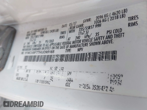 2017 Ford Escape S with VIN 1FMCU0F77HUD95185, listed as a IAAI auction lot 42014858 with 141,169 mi miles and . Bid and sale history available at DreamBid. Image 9.