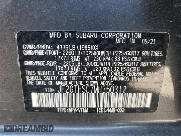 2021 Subaru Crosstrek Special Sports с VIN JF2GTHSC7MH350312, выставлен на аукционе Copart как лот 50333235 с пробегом 15 972 миль миль и Списание • Salvage title. История ставок и продаж доступна на DreamBid. Изображение 15.