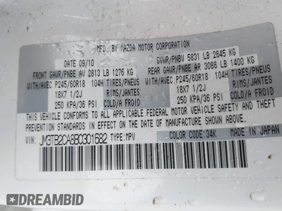 2011 Mazda CX-9 Touring with VIN JM3TB2CA8B0301682, listed as a IAAI auction lot 41435151 with 149,023 mi miles and . Bid and sale history available at DreamBid. Image 9.